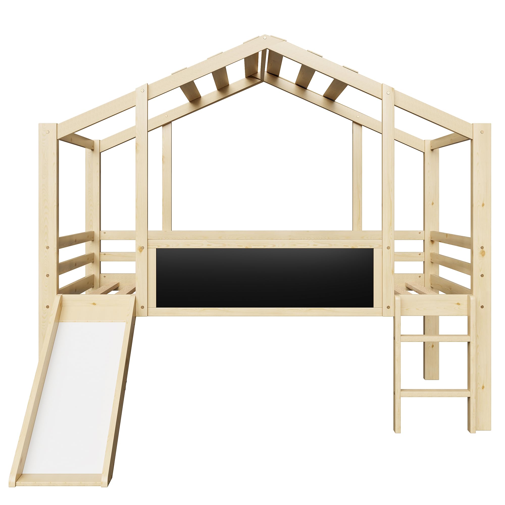 Cama infantil de 90 x 200 cm con escalera y tobogán, con pizarra, diseño de casita, cama alta de madera maciza (sin colchón) (natural)