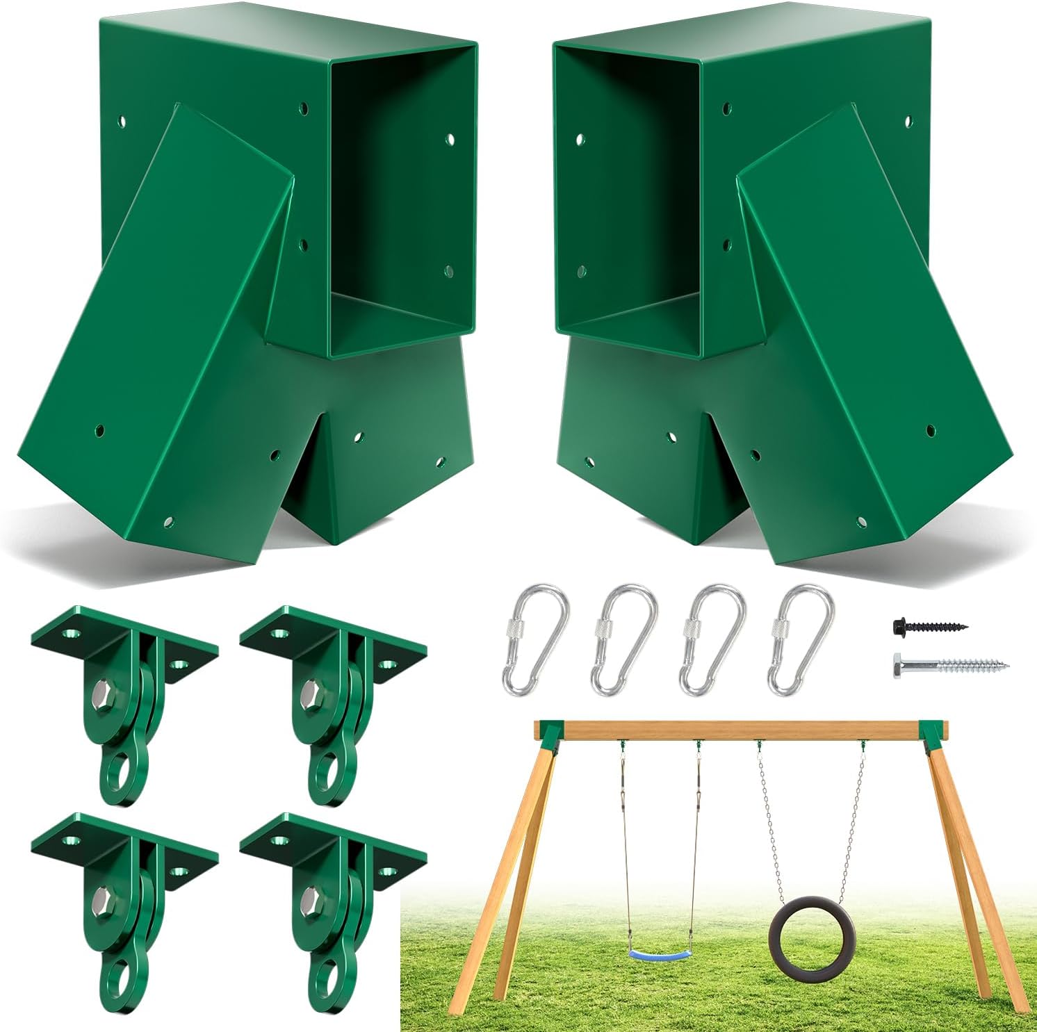 Heavy Duty Swing Sets Bracket Kit, Including 2 A-Frame Swing Set Brackets and 4 Swing Hangers, for Playground Equipment Mounting Parts, Porch, Yard (Green)