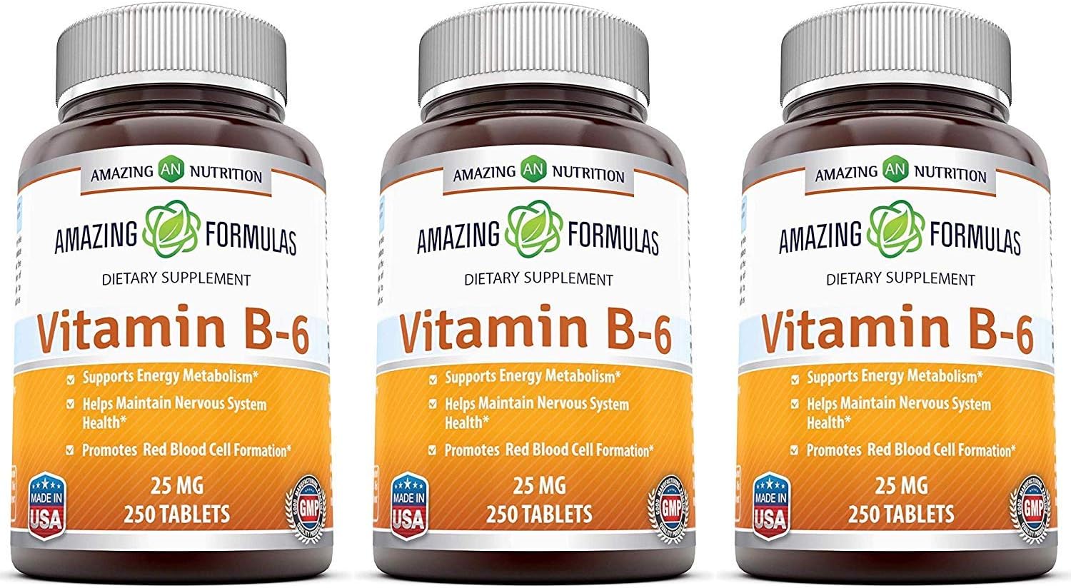 Amazing Nutrition Vitamin B6 Dietary Supplement – 25 mg, 250 Tablets (Non-GMO,Gluten Free) – Supports Healthy Nervous System, Metabolism & Cell Health: Health & Personal Care