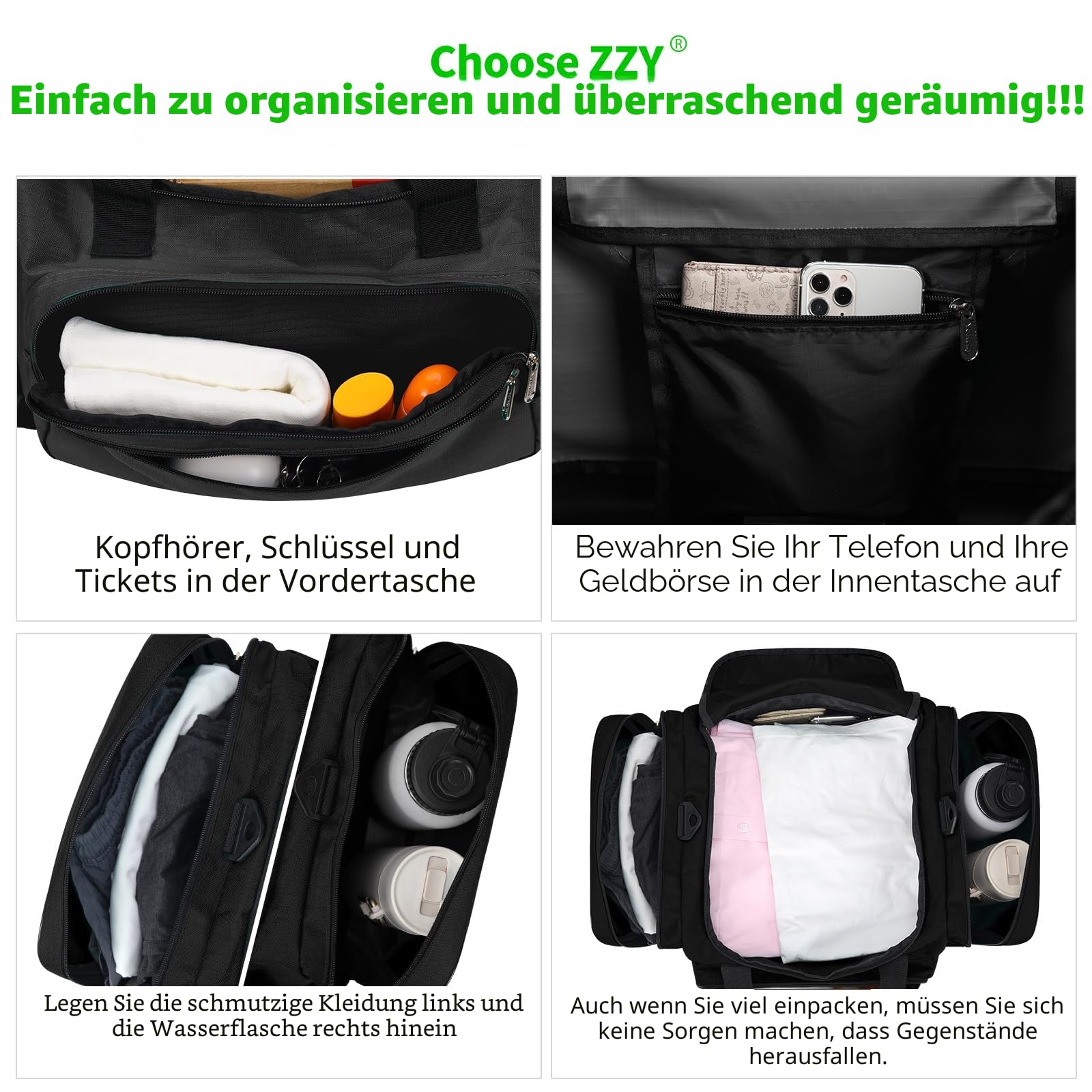 ZZY Sporttasche, 40L Reisetasche Fitness Tasche mit Schultergurt Wochenendtasche für Damen und Herren(Schwarz)
