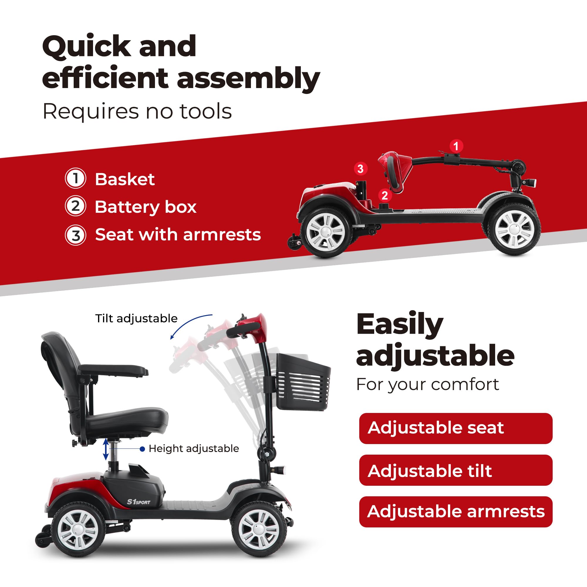 Scooter eléctrico de movilidad Sweetrich S1 SPORT para personas mayores, batería de 12 Ah, autonomía de 15 km. (Rojo)