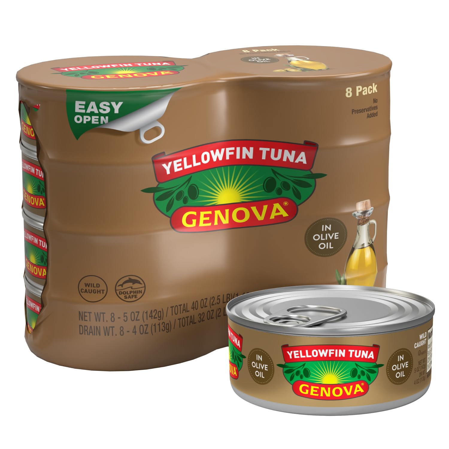 Genova Premium Yellowfin Tuna in Olive Oil, 5 Ounce Cans (Pack of 8), Wild Caught Canned Tuna, Solid Light
