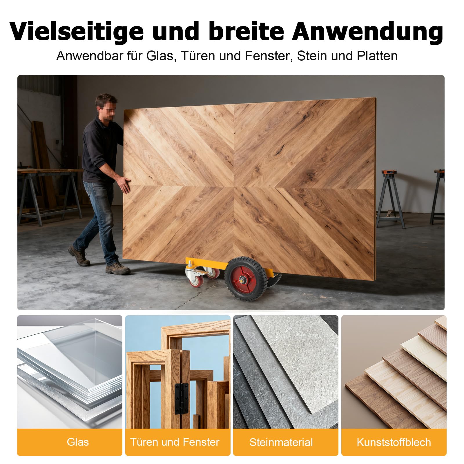 Plattenroller Plattenklemmwagen bis 500kg 200mm Klemmlänge 85mm Klemmbreite, Plattenkarren Transportwagen 4 Rad, Plattenwagen zum Transport von Holzplatten, Türen, Fenster u.v.m. mit Vollrad
