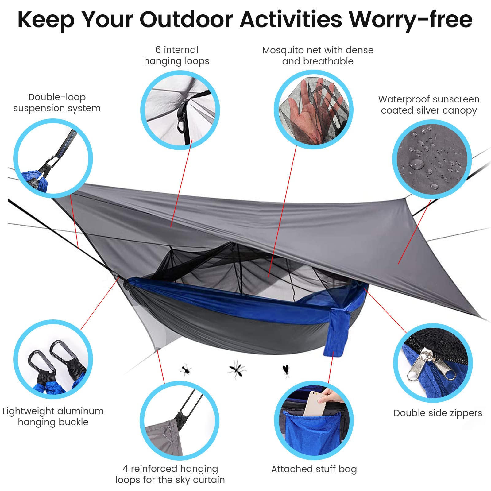 Amaca da campeggio con zanzariera, telo antipioggia e cinghie per alberi, portatile, in nylon resistente, con borsa per il trasporto, per campeggio, escursionismo, cortile, viaggi all'aperto (blu)
