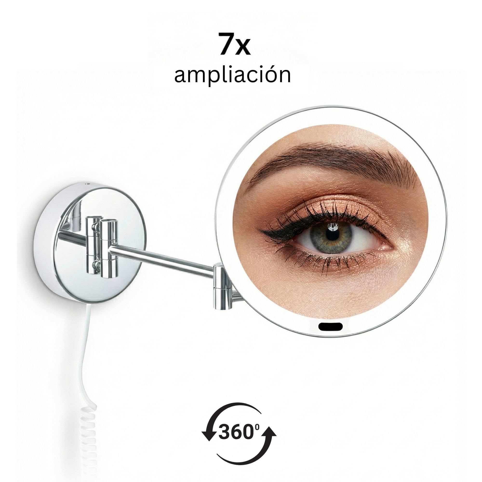 Vittoria Espejo de Aumento de Pared con LED – Espejo de Maquillaje Redondo 7X con Sensor y Atenuador – Brazo Extensible en Metal Cromado, Cable Blanco