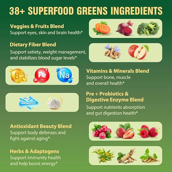 Super Greens Powder Superfood, Greens Juice Drink Mix with Spirulina, Chlorella, Adaptogens & Fiber, Digestive Enzymes, Pre + Probiotics Supplement for Women & Men Bloating & Gut Health, 30 Servings