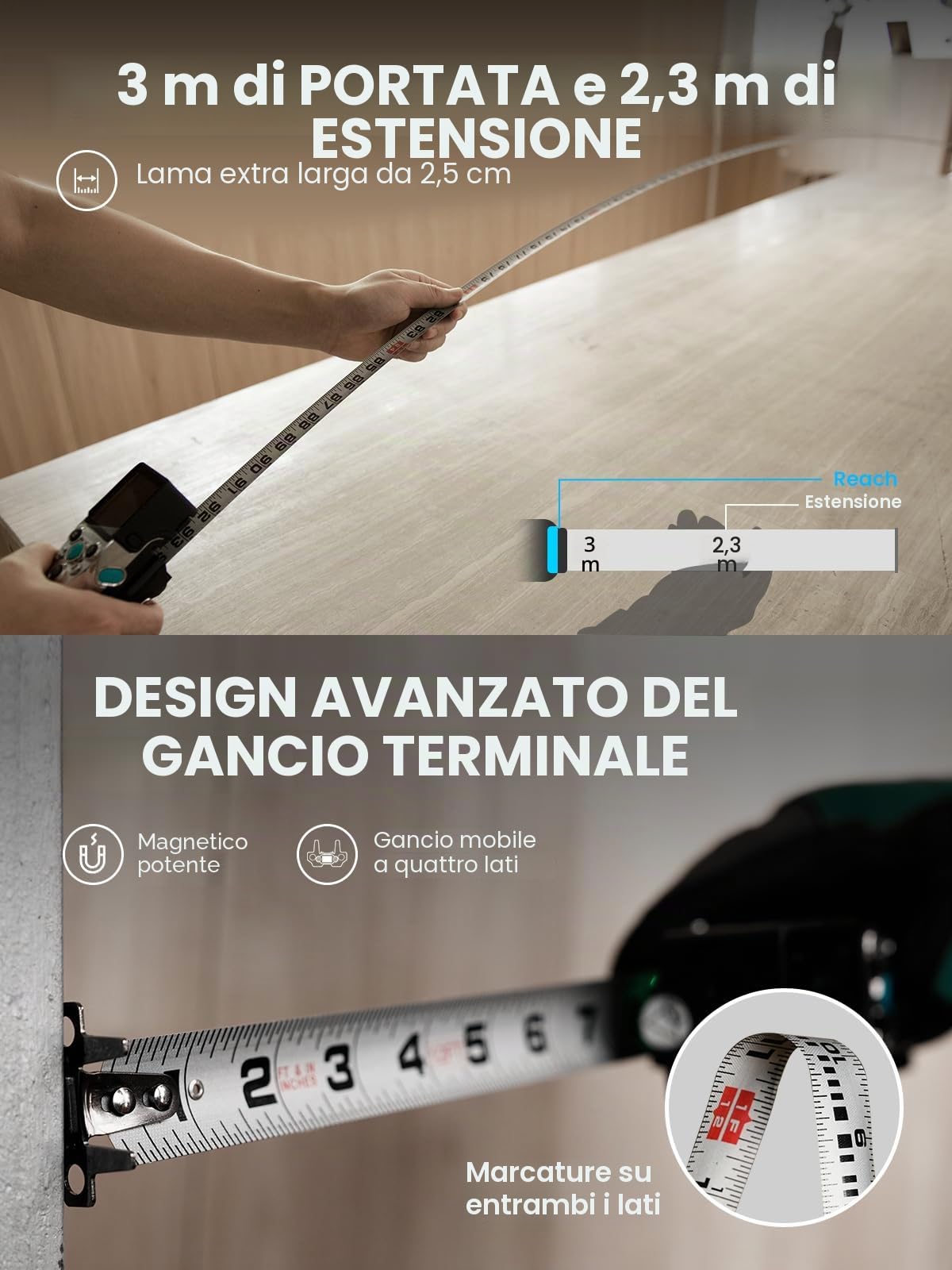 MiLESEEY XTape1 Misuratore laser con Metro Digitale, 100m + 3.6m | Laser Verde di Allineamento, Display Digitale in Tempo Reale, Misura Pitagora, Distanza, Area e Volume, Sync APP
