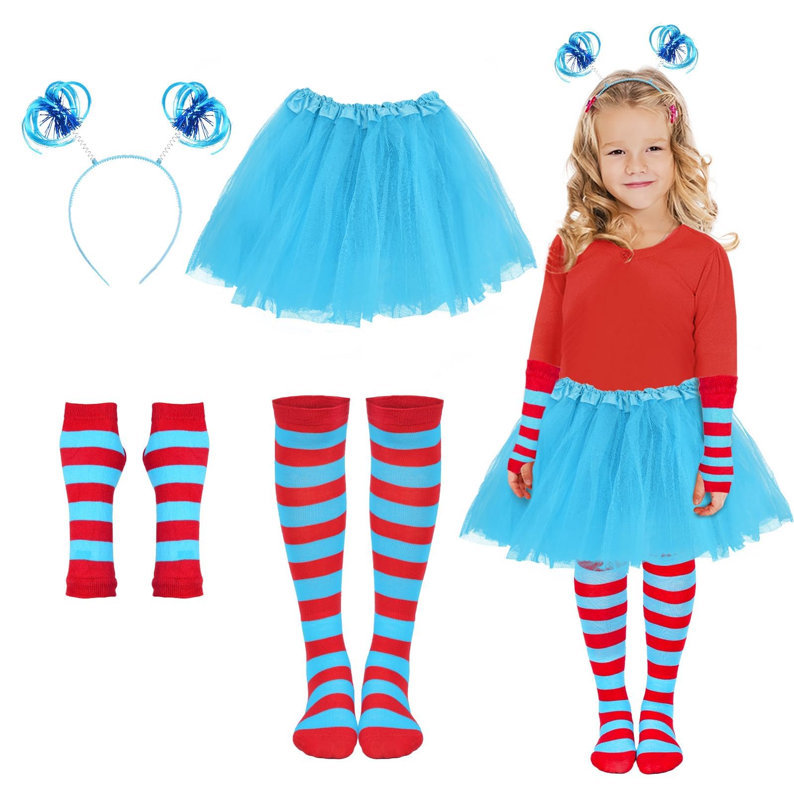 MSZWTDZX Blue Tutu Skirt, Ponytail Headband, Blue Red Striped Fingerless Gloves, Over Knee High Socks