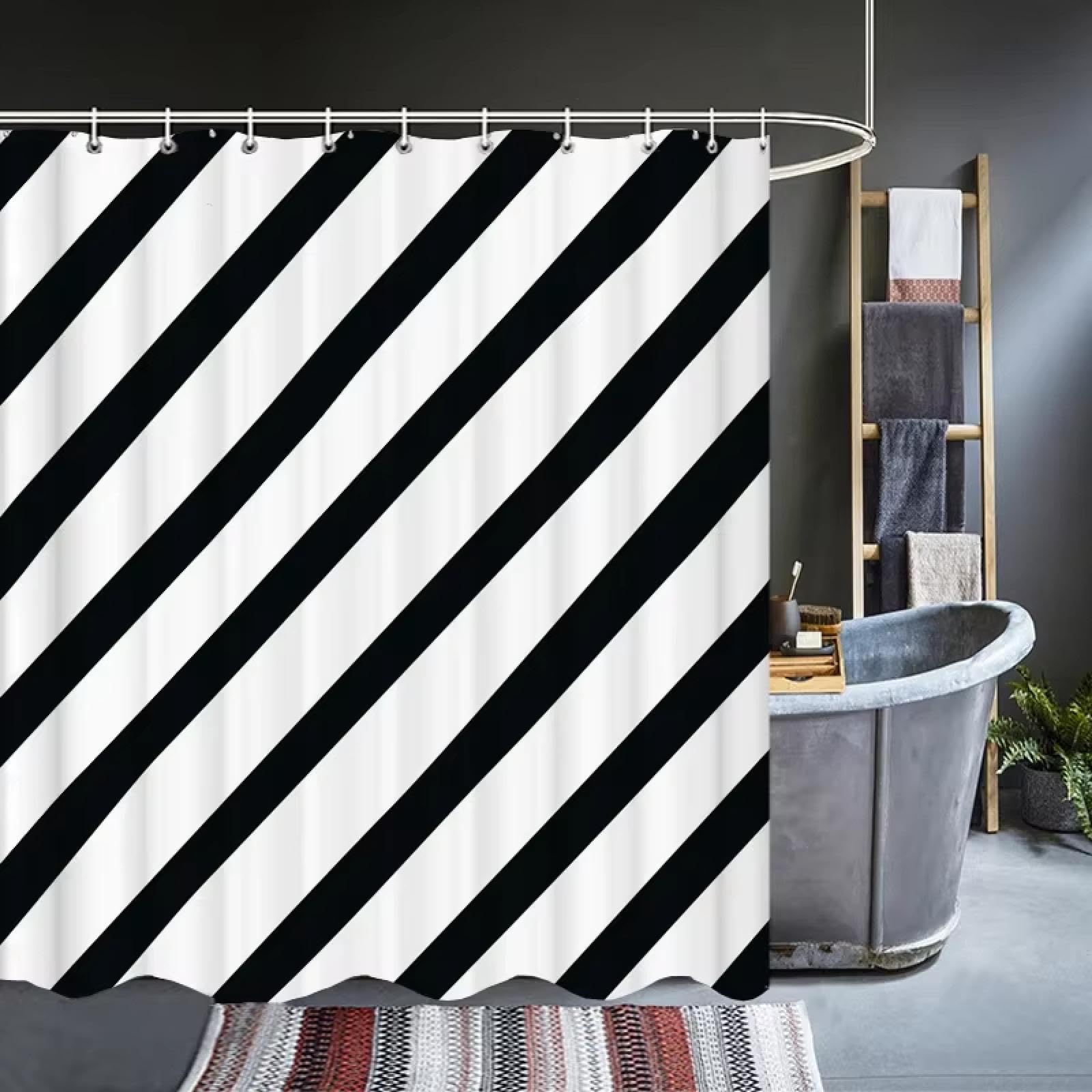 Rideaux de Douche géométriques Modernes à Rayures Noires et Blanches 230x230cm/Largeur x Hauteur Rideaux de Salle de Bain imperméables 3D avec Crochets, Tissu Lavable