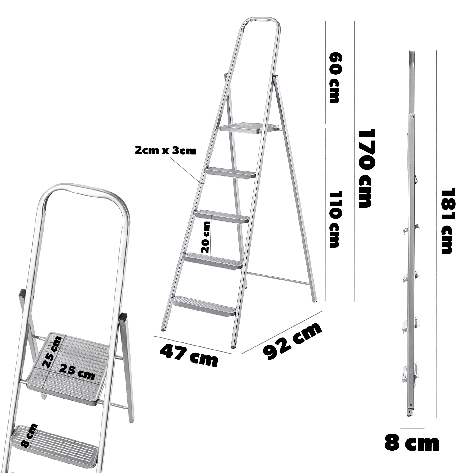 KADAX Escalera de acero de un solo lado con pies antideslizantes, escalera de tijera, escalera con estante, escalera de tijera, escalera plegable, escalera doméstica con peldaños anchos (5 peldaños)
