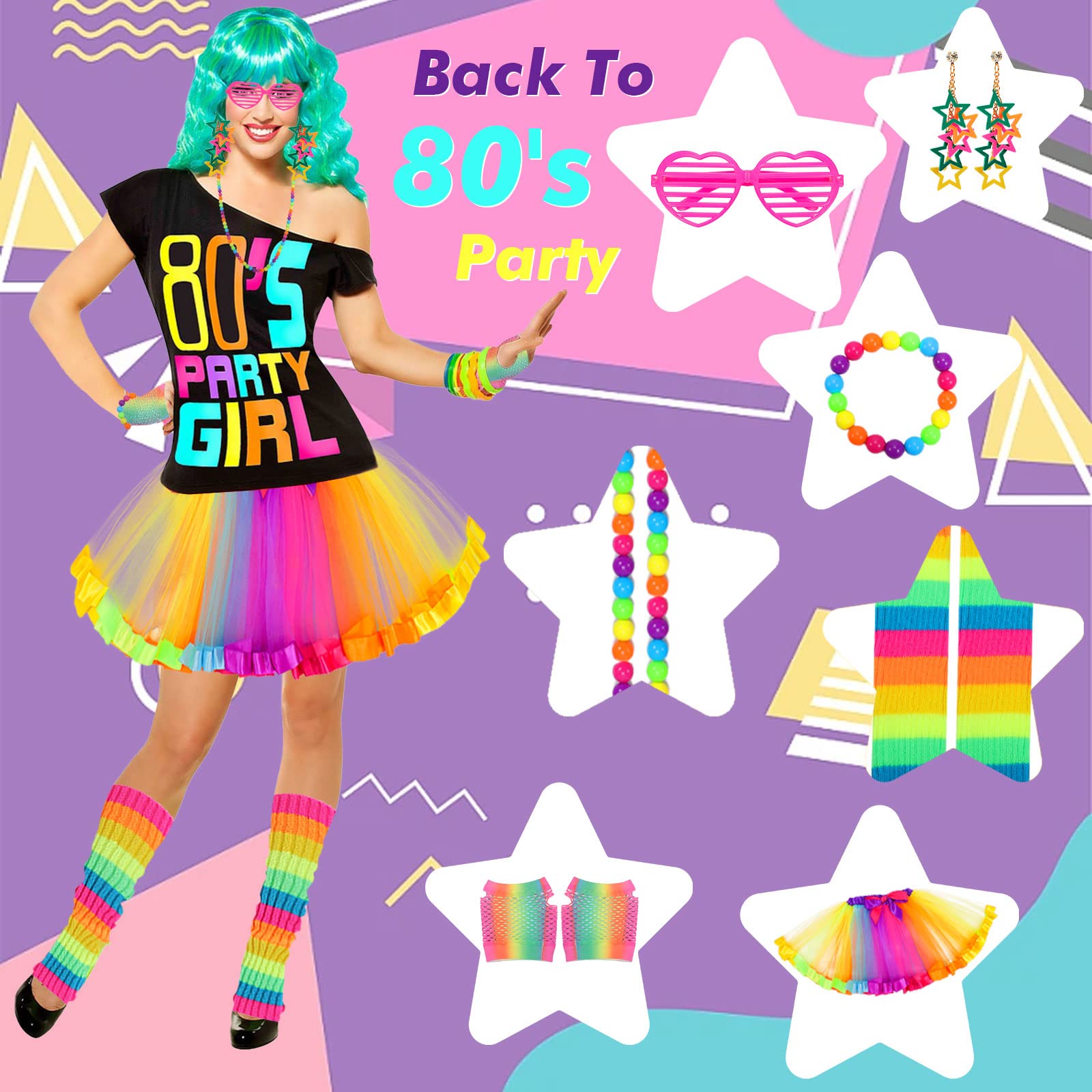 Hifot 80s Fancy Dress for Women,1980s Neon Accessories Set Rainbow Tutu Skirts Leg Warmers Gloves Glasses Earrings Bracelet Necklace Retro Party Costume - Image 4