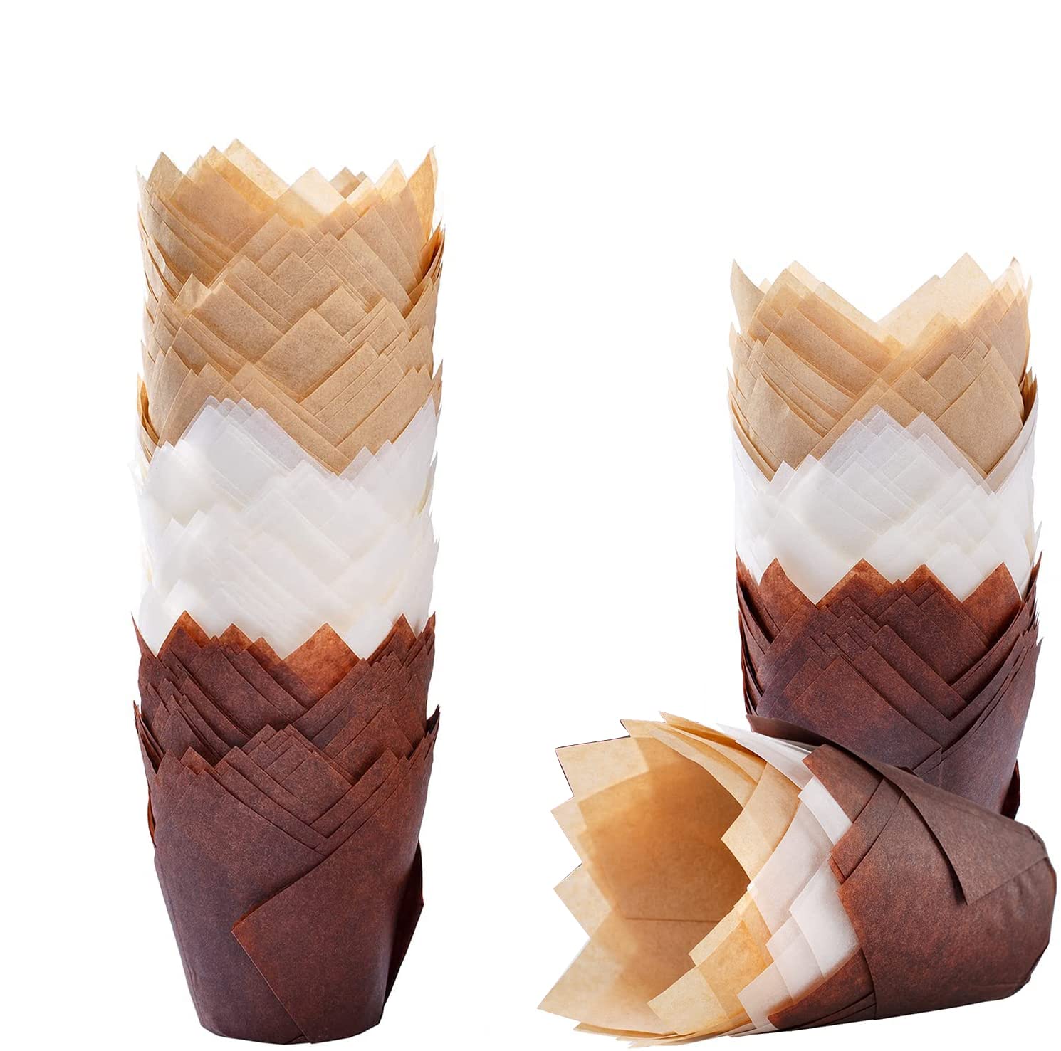 Arabest Tulip Cupcake Liners, 150pcs Greaseproof Not Curl or Burn Baking Cup Holders and Muffin Baking Cups, Muffin Liners Cupcake Wrappers for Wedding, Birthday, Party (Brown, Nature Color, White)
