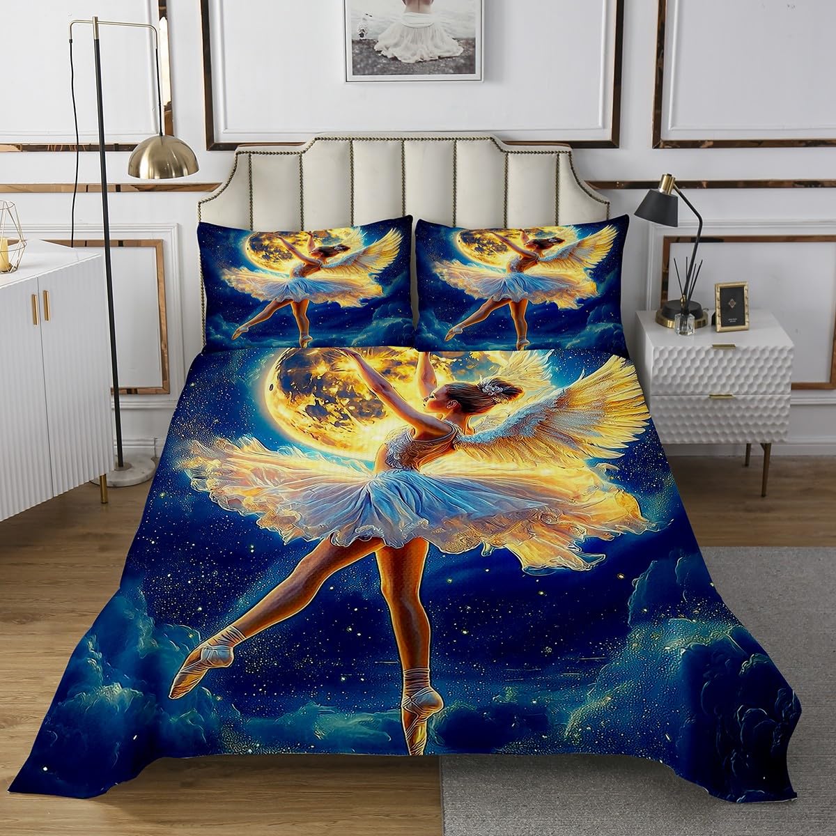 Ballet Girl Coverlet Set King Size Dreamy Swan Wings Bedspread Fashion Room Decor Gymnastics Artistic Dancer Quilted for Girls Gift Western Fairy Tale Bedding with 2 Pillowcases