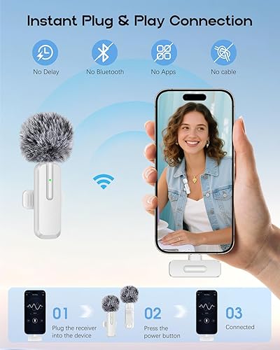 Miniatura 5 de Mini micrófono inalámbrico para iPhone  Paquete de 2 micrófonos Lavalier Bluetooth para grabación de video, micrófono de solapa con reducción de