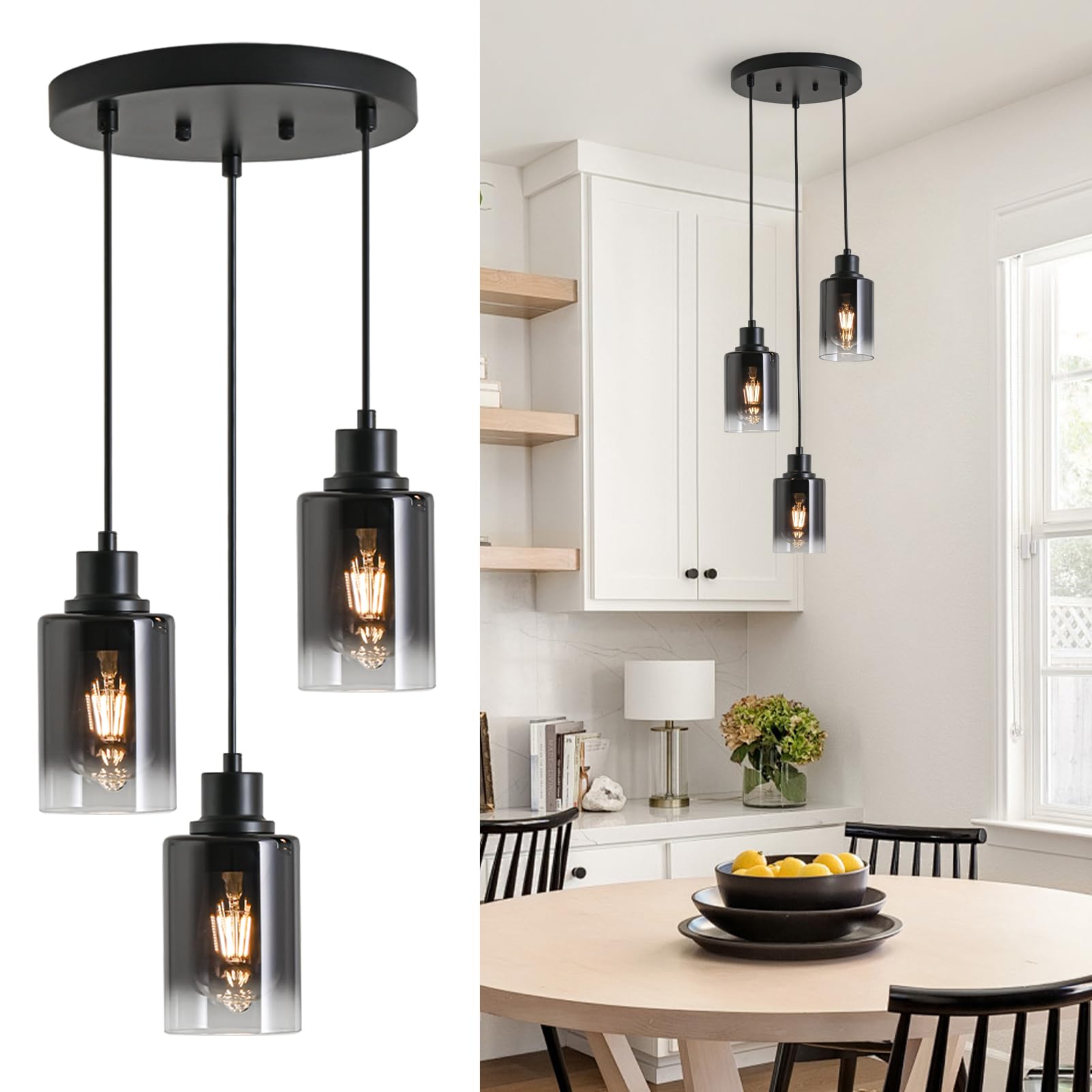 3-Light Black Pendant Lighting, Adjustable Modern Pendant Lights for Kitchen Island, Industrial Cluster Hanging Lights for Dining Table Hallway Bedroom Living Room