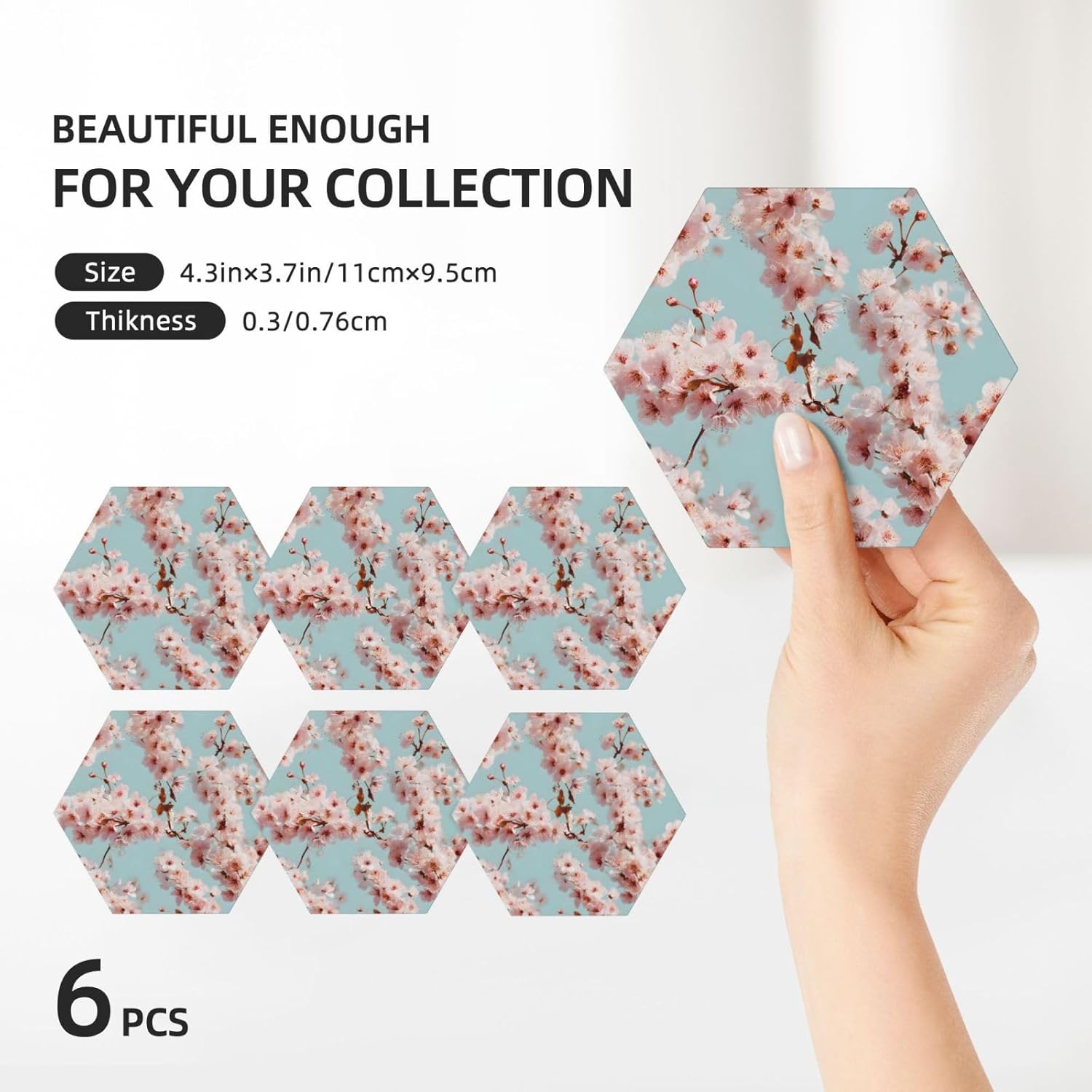 (Cherry Blossoms) Ceramic Coasters Set of 6 with Holder Non-Slip Hexagon Coffee Coasters for for Cup Mug Drink Patio Coffee Table Decor, Christmas Coasters Home Bar Supplies