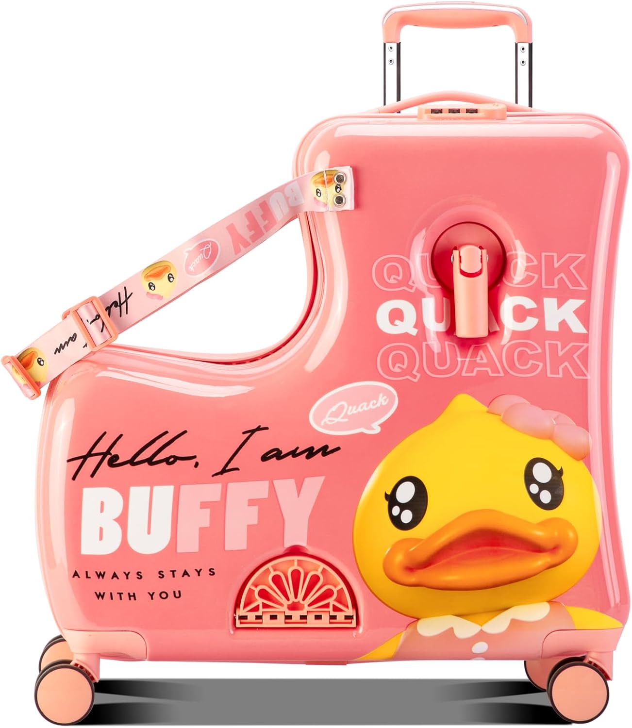 Kids' Lightweight Ride on Luggage with Spinner Wheels & Foldabe Design (Pink Duck, 24"+ Aged 3-12 Toddler)