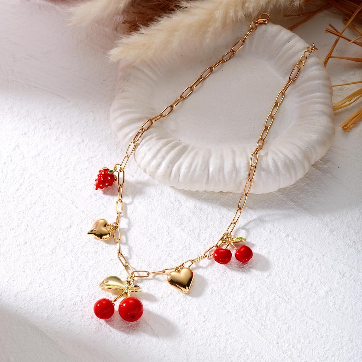 GYRMMUE Cute Cherry Pendant Necklaces for Women Red Fruit Heart Charm Necklaces Trendy Y2k Necklace Handmade Lightweight Hypoallergenic Necklace Vintage Boho Jewelry Funny Holiday Christmas Jewelry