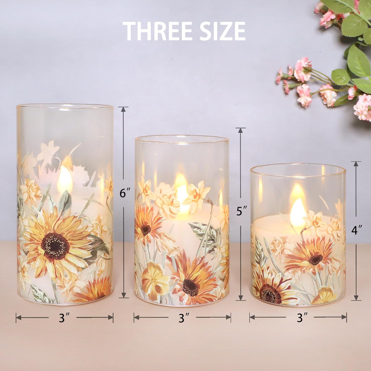 Sunflower Glass Flameless Candles Remote Timer Battery Operated Flickering LED Pillar Candle Spring Summer Decoration Gifts for Women Mom Mothers Day Birthday, Set of 3