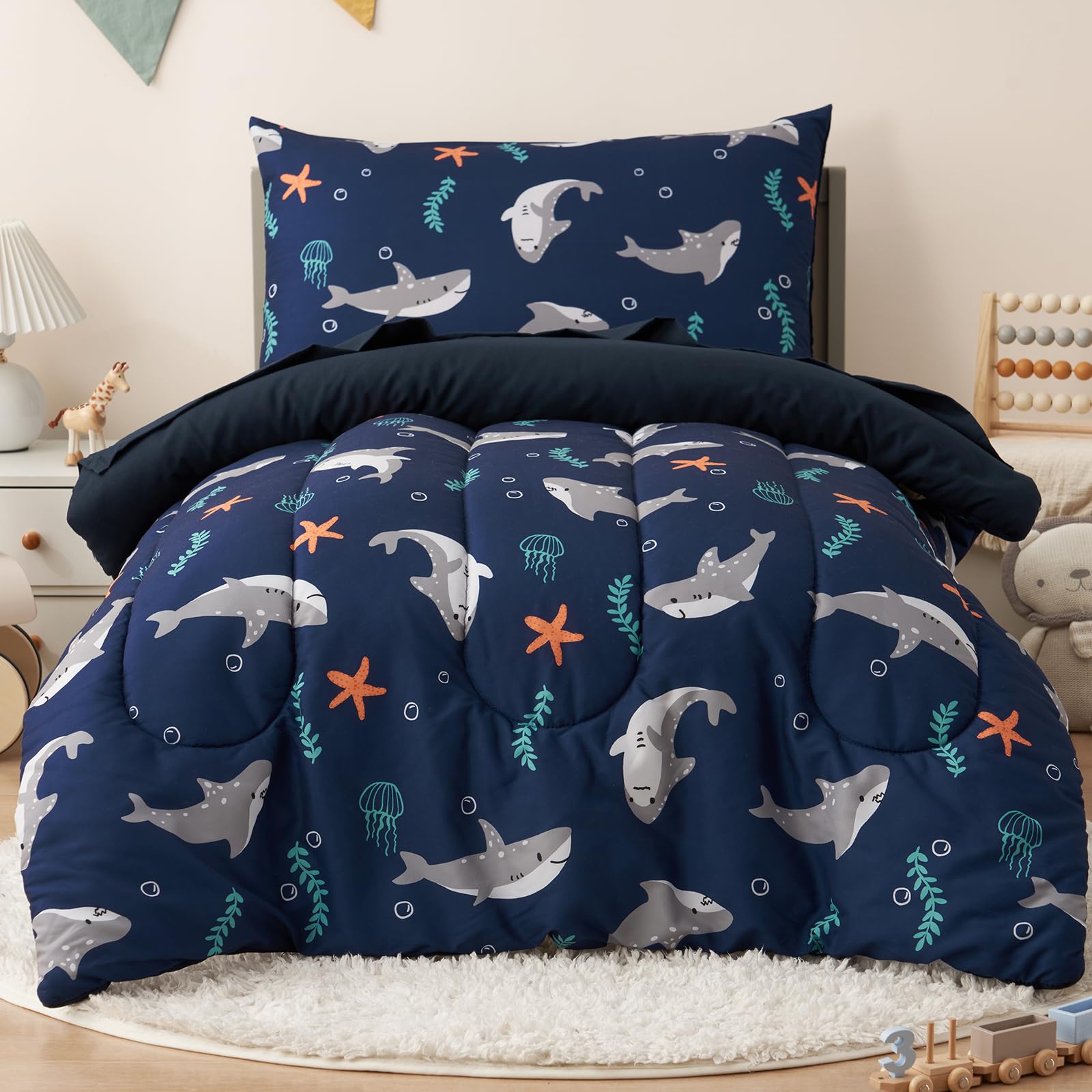 phf 4 piece toddler bedding set, ultra soft toddler comforter sets include comforter, fitted sheet, flat top sheet and pillowcase for boys girls, bed in a bag for toddler bedroom, shark