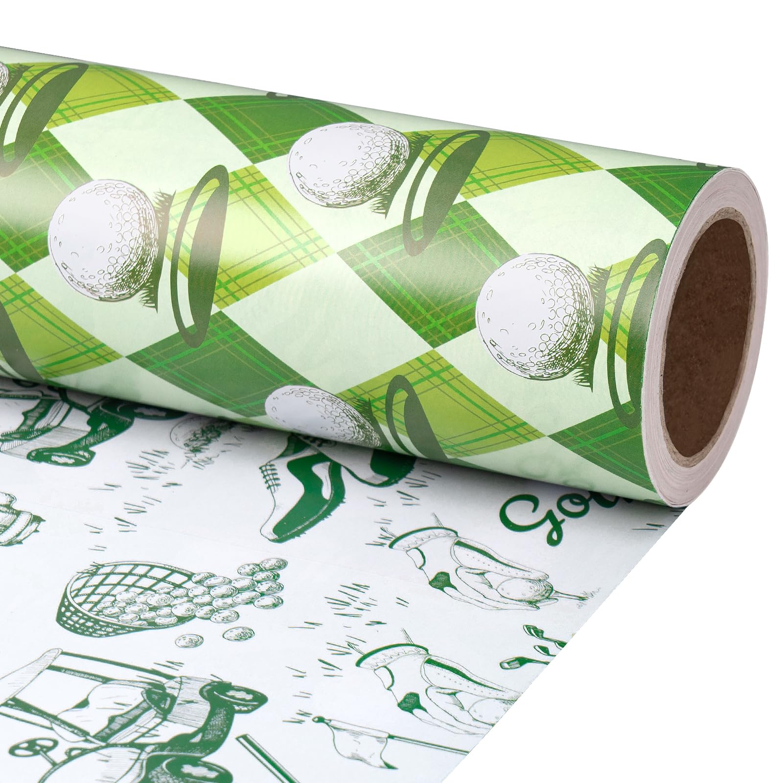 RUSPEPA Reversible Golf Wrapping Paper Roll, Mini Roll, Vintage Golfer Illustration & Green Argyle Golf Ball Pattern, Double-Sided Gift Wrap for Dad, Men, Father's Day, Birthday, 43.2cm x 5m