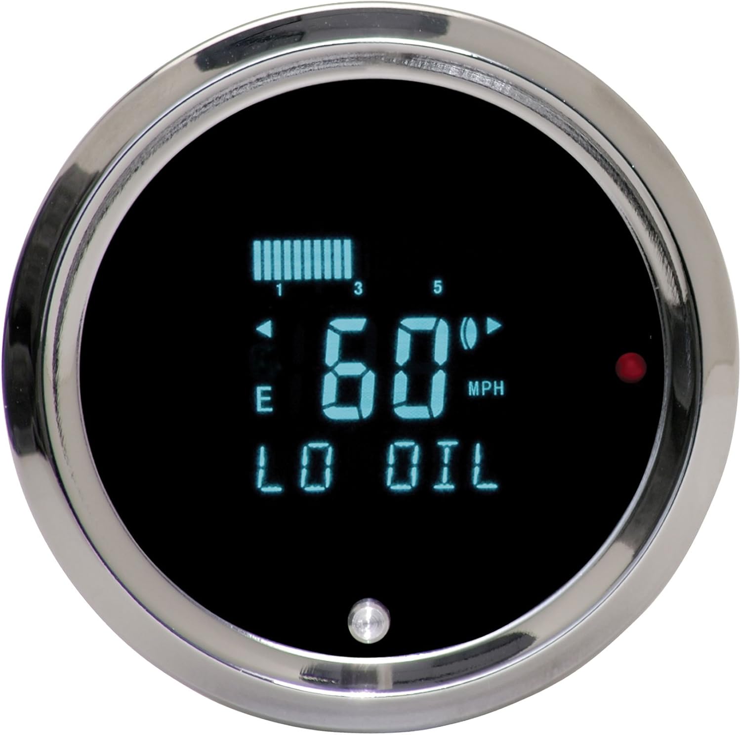 Front view of the Dakota Digital ODYR-01-6 Odyssey Series II Speedometer Tachometer, displaying '60 MPH', 'LO OIL', and a fuel level bar.