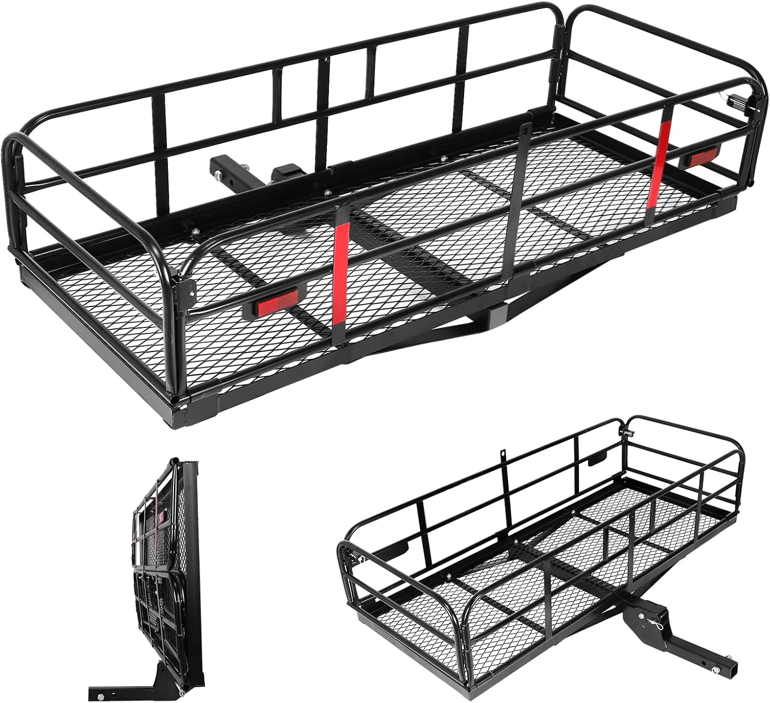 Trailer Hitch Cargo Carrier 60x24x14in Ebike Rack Cargo Basket 500 LBS Capacity Fits 2inch Receiver Folding Luggage Rack with Hitch Stabilizer for Standard Fat Tire and Electric Bike