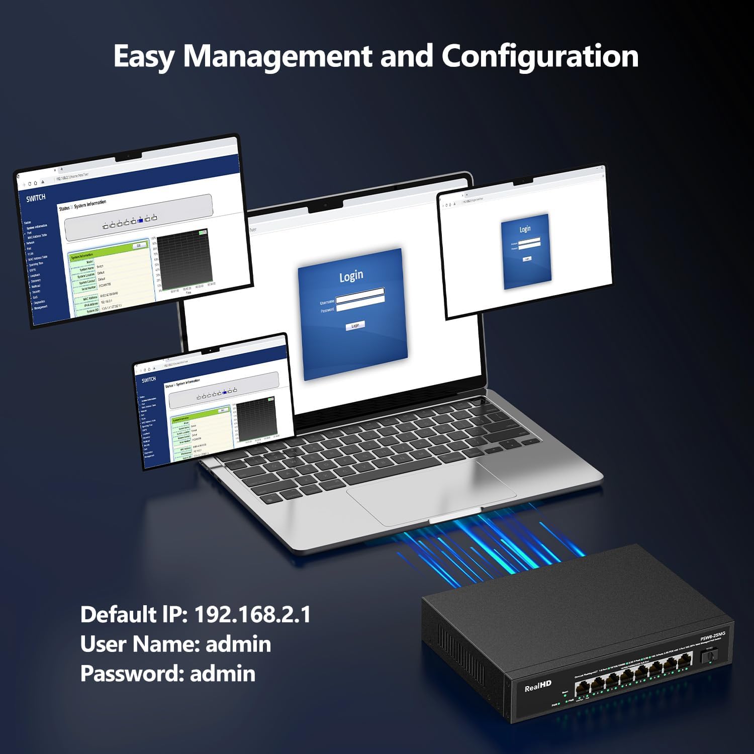 Web management login screen for the Real HD switch