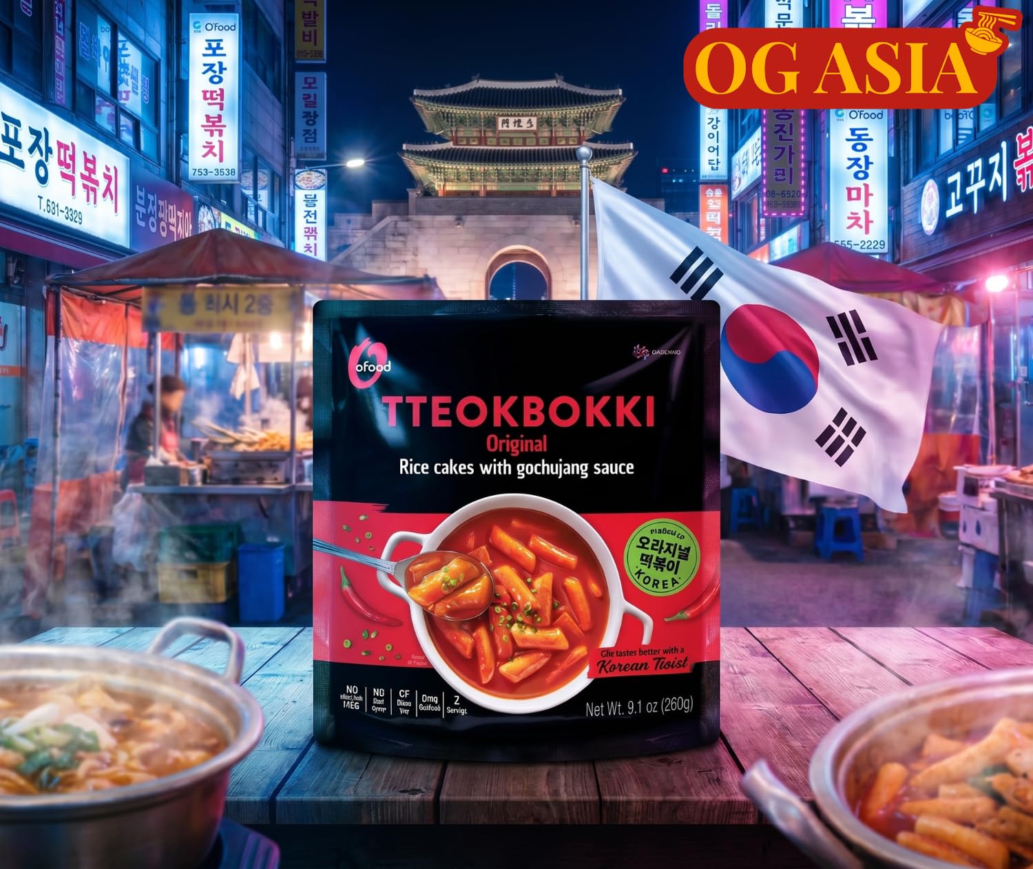 O'Food Topokki Original z sosem Gochujang - koreańskie ciasto ryżowe - ostre i autentyczne - OG ASIA - 260 g