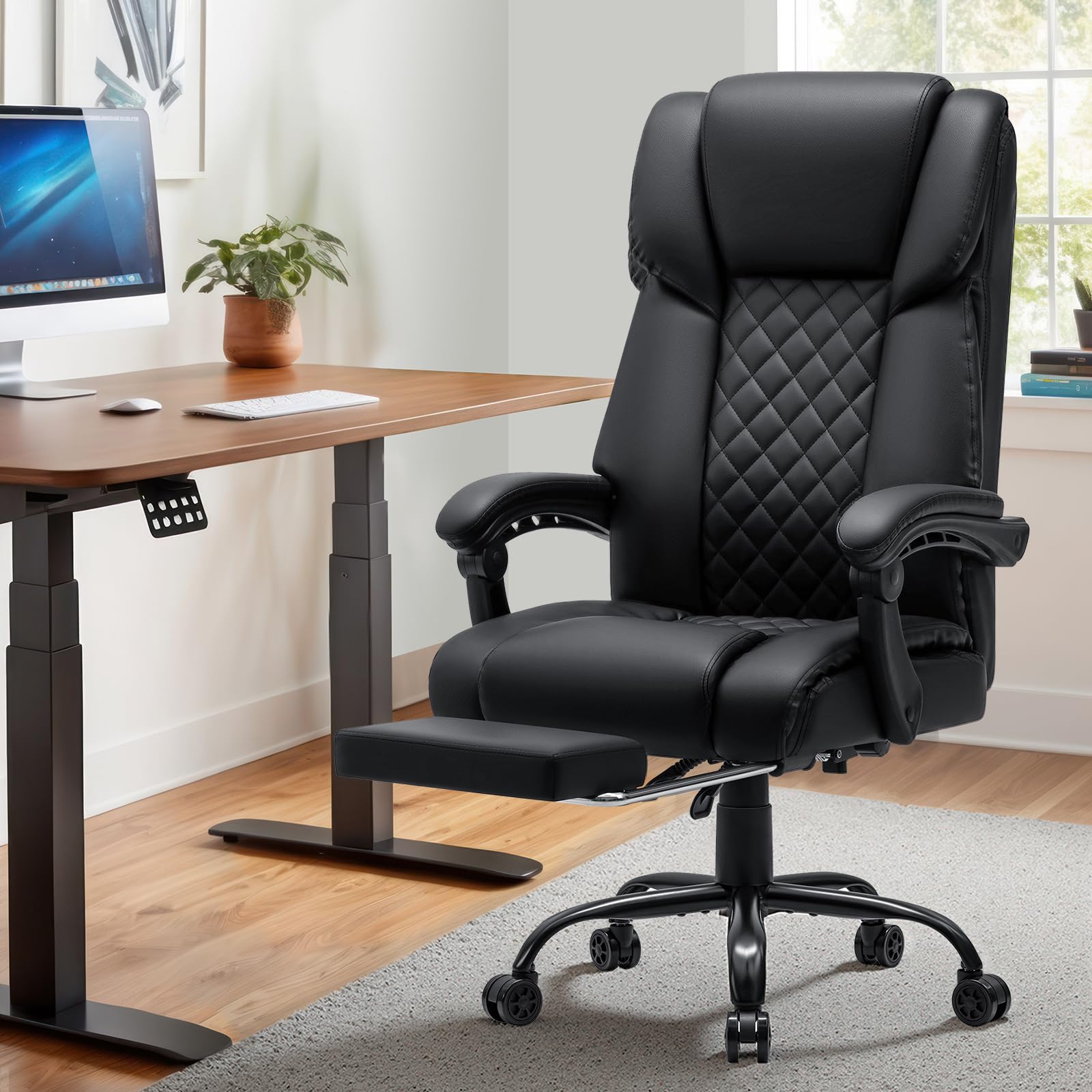 HOFFREE Ergonomisch Bürostuhl mit Massagefunktion und Heizfunktion Chefsessel Leder mit Fußstütze, Höhenverstellbar, Verstellbare Rückenlehne, Massagesessel für Büro & Home Office, Schwarz