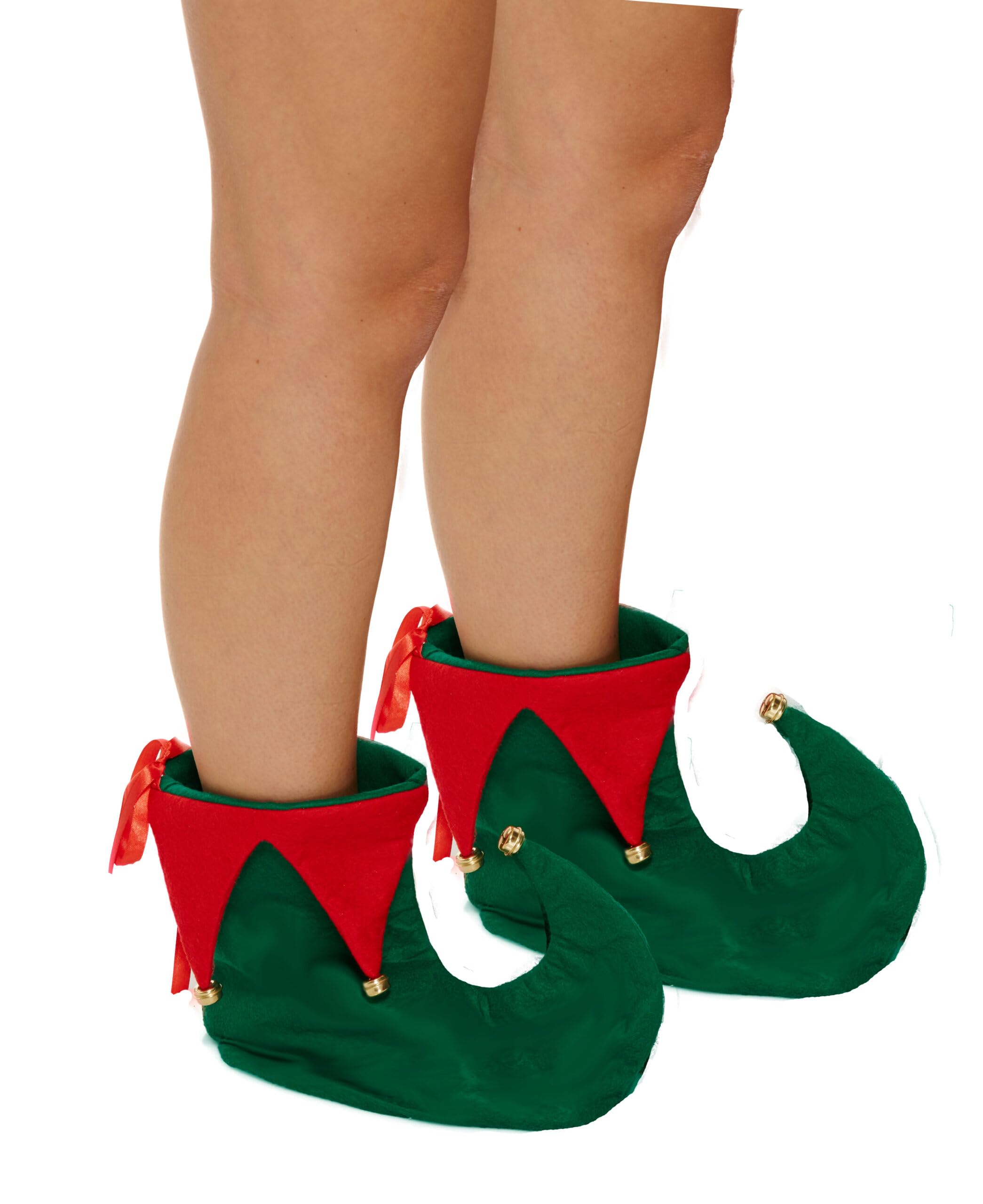 Unisex Deluxe Christmas Elf Shoes Fancy Dress Accessory - Adults Santa's Little Helper Green Red Slipper Boots with Jingle Bells for Xmas Christmas Party