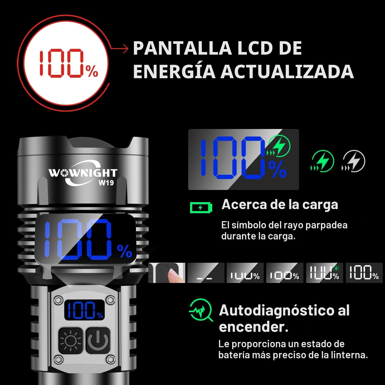 Linternas LED Alta Potencia 1,000,000 Lúmenes, 50W 2 Interruptores Linterna Led Recargable, Linterna Potente Tactica, VariacióN Infinita & IP67 Linternas Potentes para Emergencia Camping