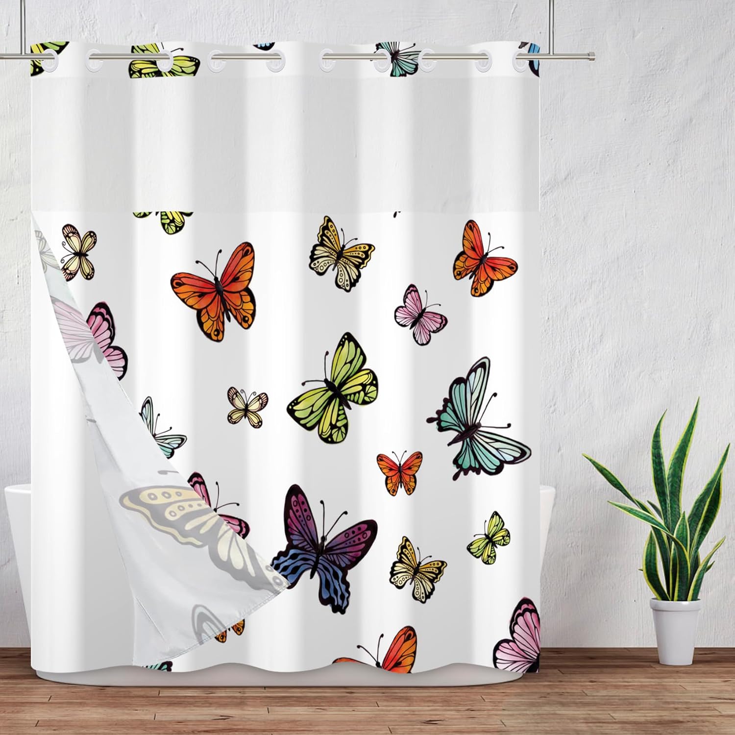 Baocicco No Hook Colorful Butterfly Shower Curtain Nature Animal Hotel Style Double Layers with See Through Mesh Top Window Decorative Butterflies Hotel Shower Curtain and Liner Set 71x83 Inch