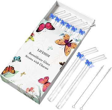 Cute Glass Straws with Charms Bows, 9 Inch 8mm Reusable Clear Glass Straws Bent - thick Borosilicate Drinking Straw Eco Friendly, BPA Free for Hot Drinks, Iced Coffee, 16 oz Tumblers - Include Brushes