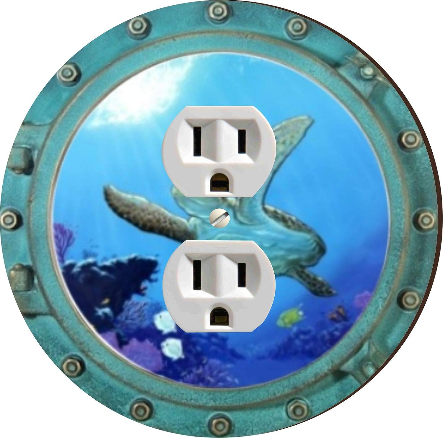 Island Gifting - Green Bowling Ball with Three Holes Design - Round double rocker switch plate cover, fits two standard rocker or GFCI outlets, modern design.