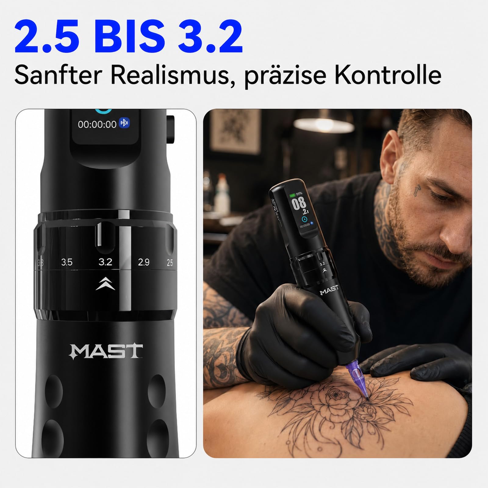 Mast Tattoo Flip4 Pro Kabellose Tattoo Maschine mit 7 Hub 2.5-4.5mm | Mcore C1.1 Motor,2 Akku 2000mAh Akku Tätowiermaschine für Profis Schwarz