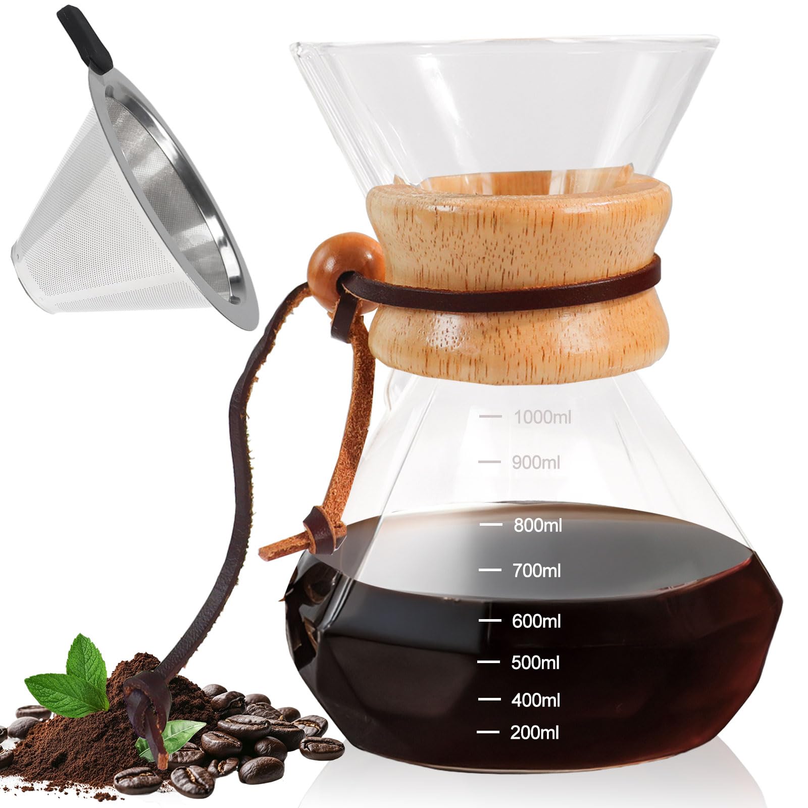 Aufgieß-Kaffeebrüher 1000ml 33,8oz Gläserner Tropfkaffeebrüher mit Filter aus 304 Edelstahl, Borosilikatglas mit Entenschnabel-Auslauf, Griff aus Massivholz