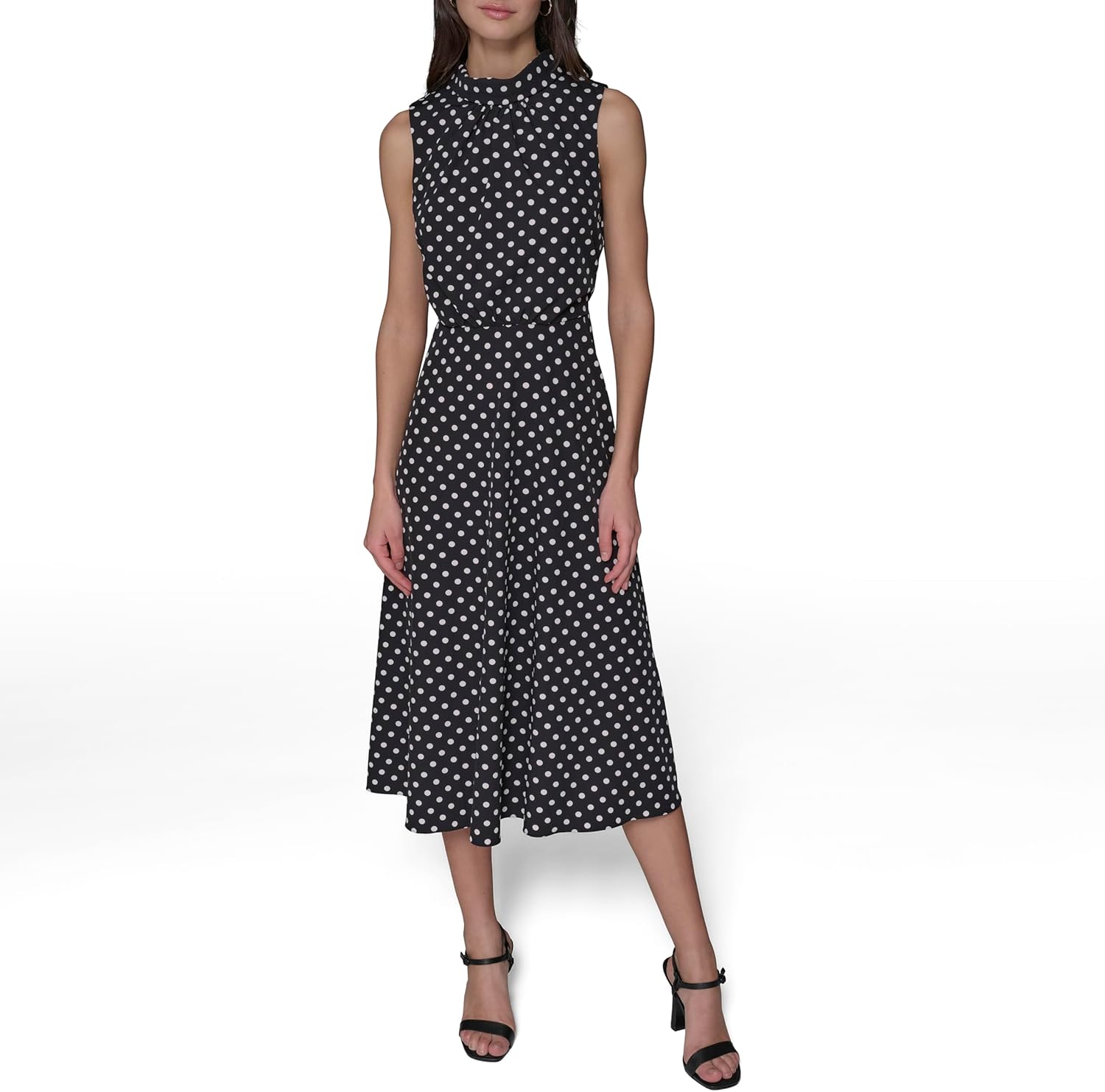 KARL LAGERFELD Paris Women's Mock Neck Patterned Contrasting Colors Midi Dress, Chambray Blue/Sunset Coral Multi - Image 2