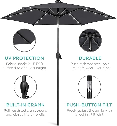 Vista 105 de Best Choice Products - Sombrilla solar de 7.5 pies para exteriores, patio, mesa, mercado, terraza, piscina con inclinación, manivela, luces LED