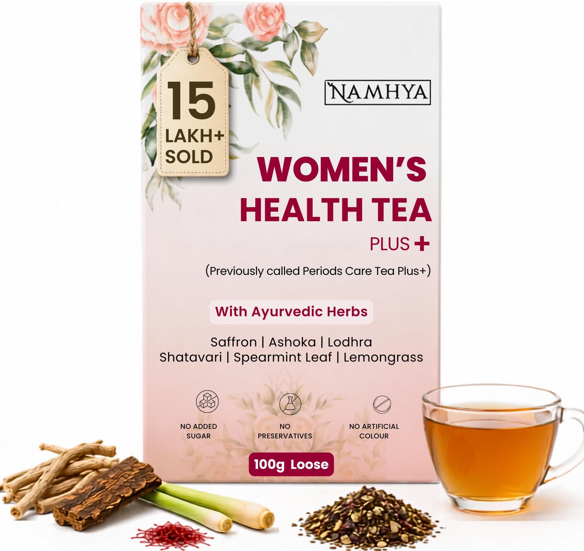 NAMHYA PCOS PCOD Green Tea (with Shatavari, Ashoka) with Natural Ayurvedic Herbs for Harmonal Balance and Better Period Cycle 3.53 oz (100 Grams) (Unflavoured) (Unflavoured)