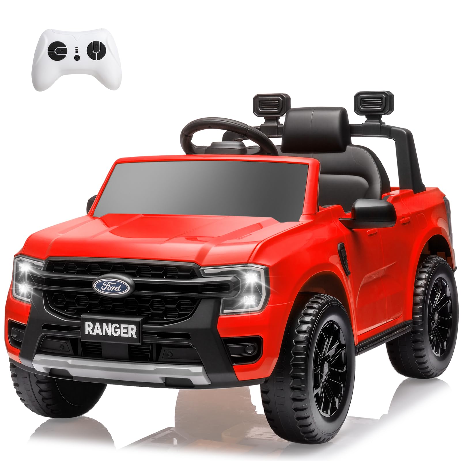 Licensed Ford Ranger Ride on Truck, 12V Ride-on Electric Truck for Kids with Remote Control, Shock Absorption, LED Light/Music/MP3, Back Storage (Red)