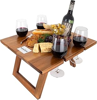 KOMOREBI Portable Folding Wine and Champagne Picnic Table - Lightweight Custom Acacia Wood Table - Foldable Legs, Food-Saf...