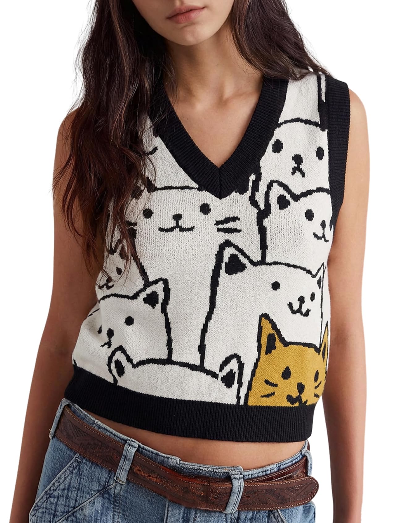Gihuo Womens Cat Sweater Vest V Neck Y2k Graphic Knitted Vests Pullover Sleeveless Knitwear Cute Tunic Knit Top
