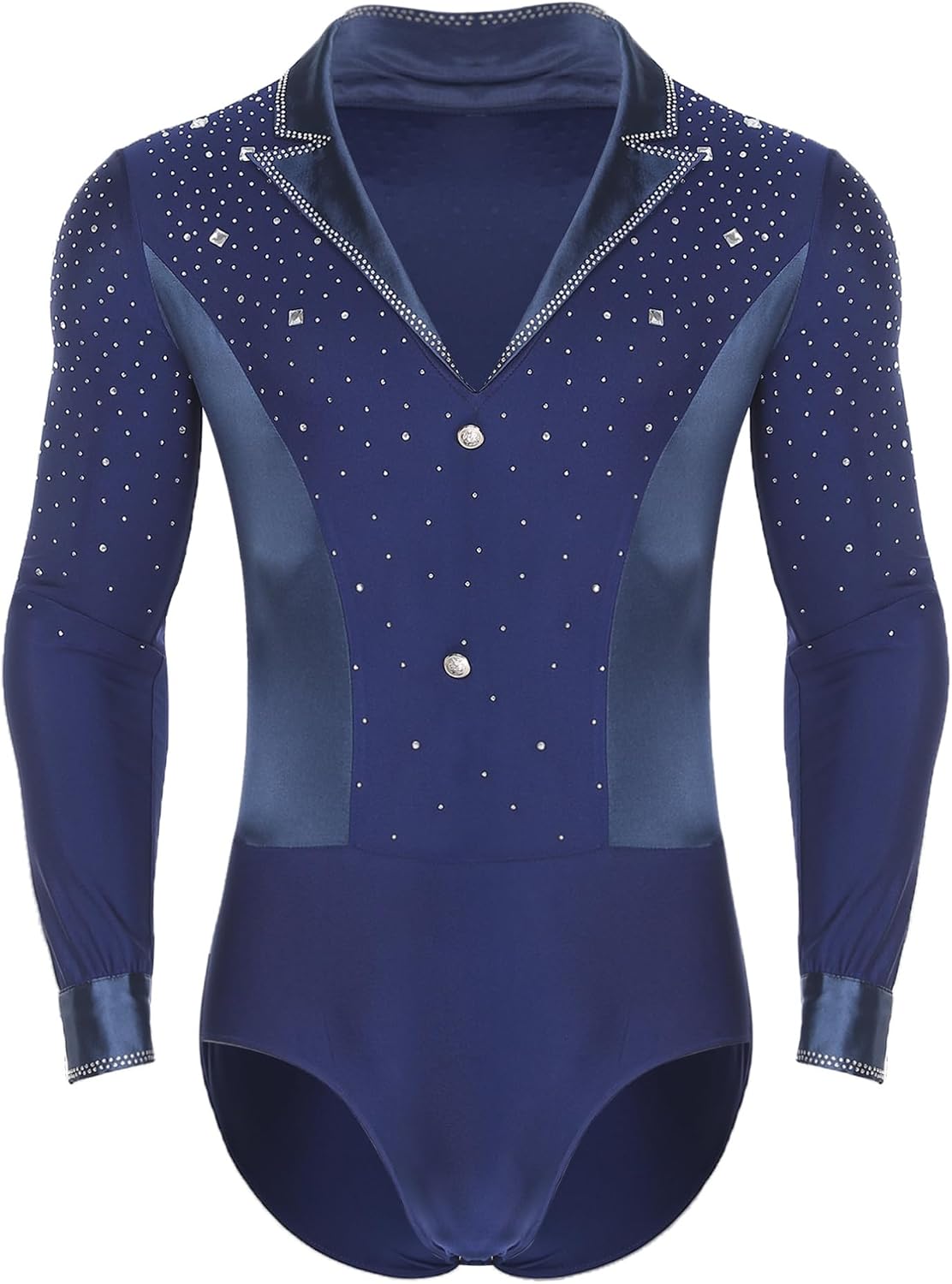TiaoBug Men's Modern Ballroom Dance Costumes Rhinestone V Neck Long Sleeve Latin Tango Dance Bodysuit
