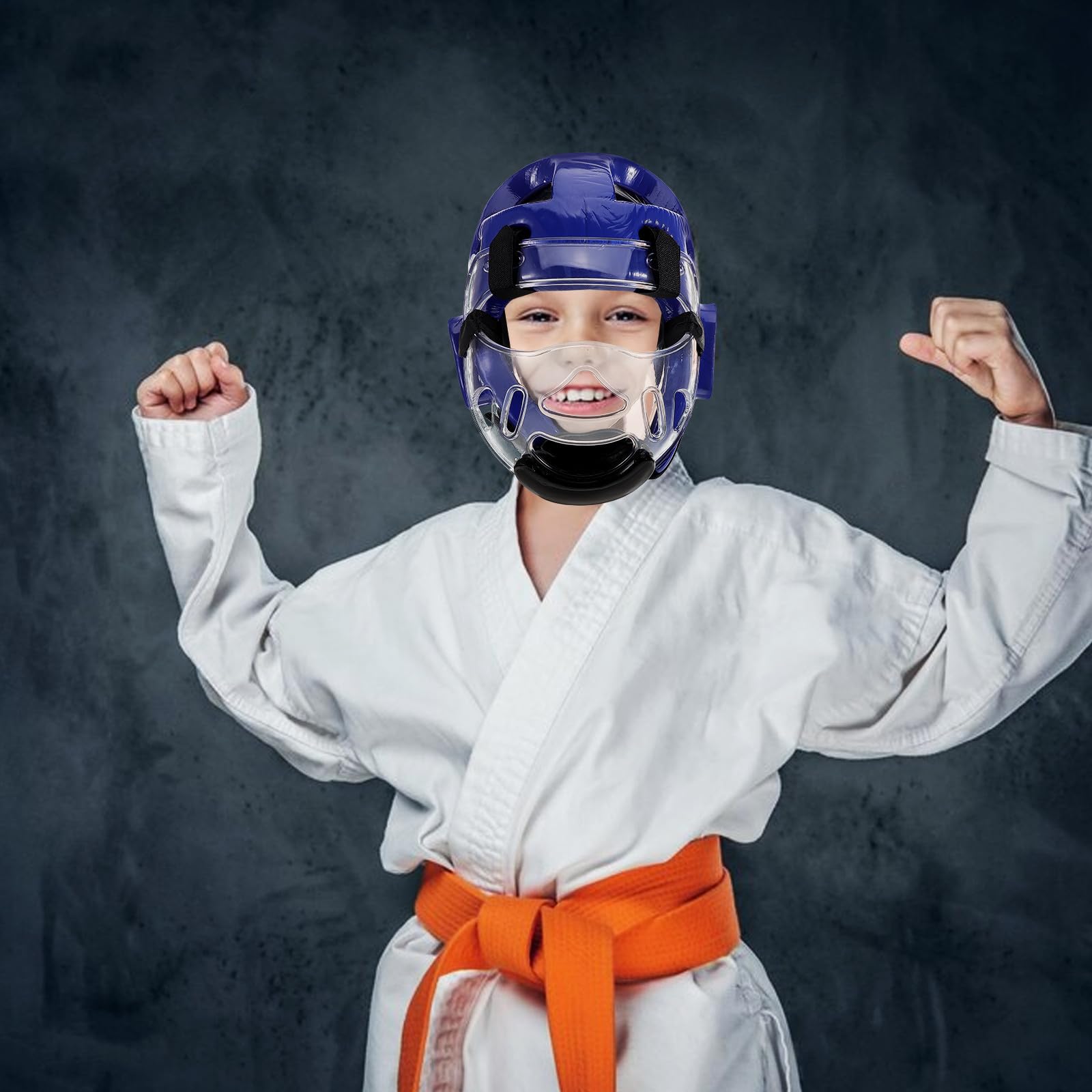TEHAUX Casco Protettivo Taekwondo con Maschera Integrale, Protezione Completa per Capo e Viso in Sponge e Pu per Allenamento e Sparring Karate Affidabile Blu