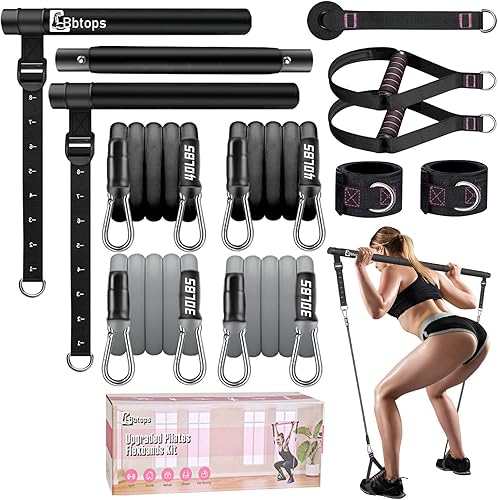 Miniatura 10 de Kit de barra de pilates Bbtops con bandas de resistencia, barra de pilates con bandas apilables, equipo de entrenamiento para piernas, cadera, Rosa
