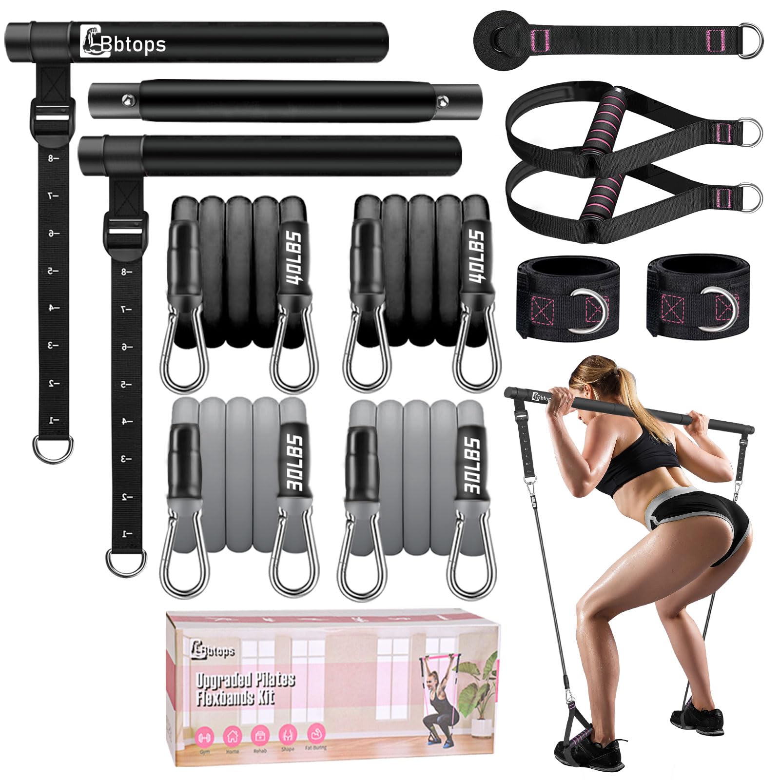 Pilates Bar Kit with Resistance Bands,3-Section Pilates Bar with Stackable Bands Workout Equipment for Legs,Hip,Waist and Arm,Exercise Fitness Equipment for Women & Men Home Gym Yoga Pilates