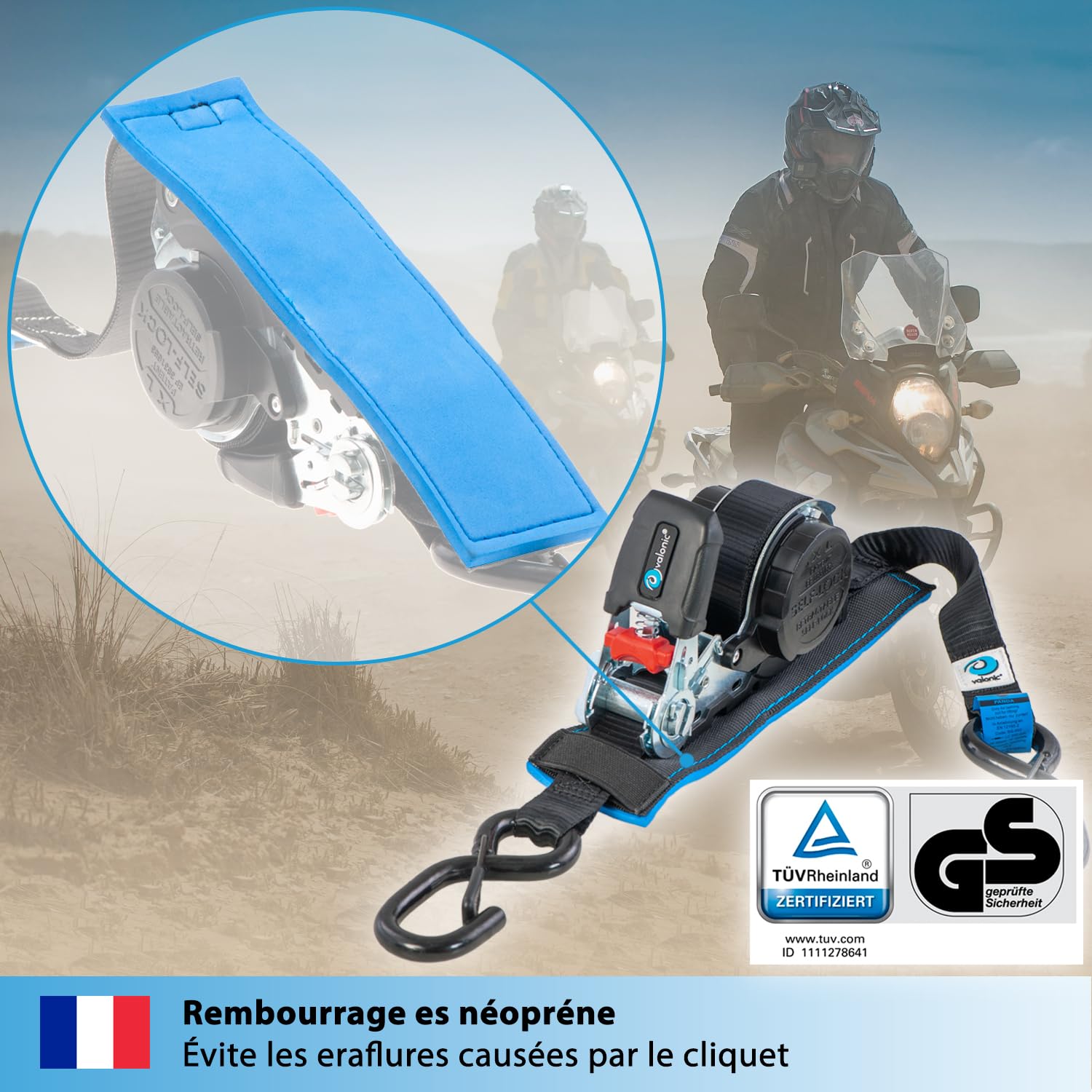 valonic Panda - 2X 5m Sangle d'arrimage Automatique avec Mousqueton Crochet, 25mm, 300/600 Kg, rembourrée, Certifié TÜV Rheinl. / GS, en 12195-2 - avec cliquet, Noir