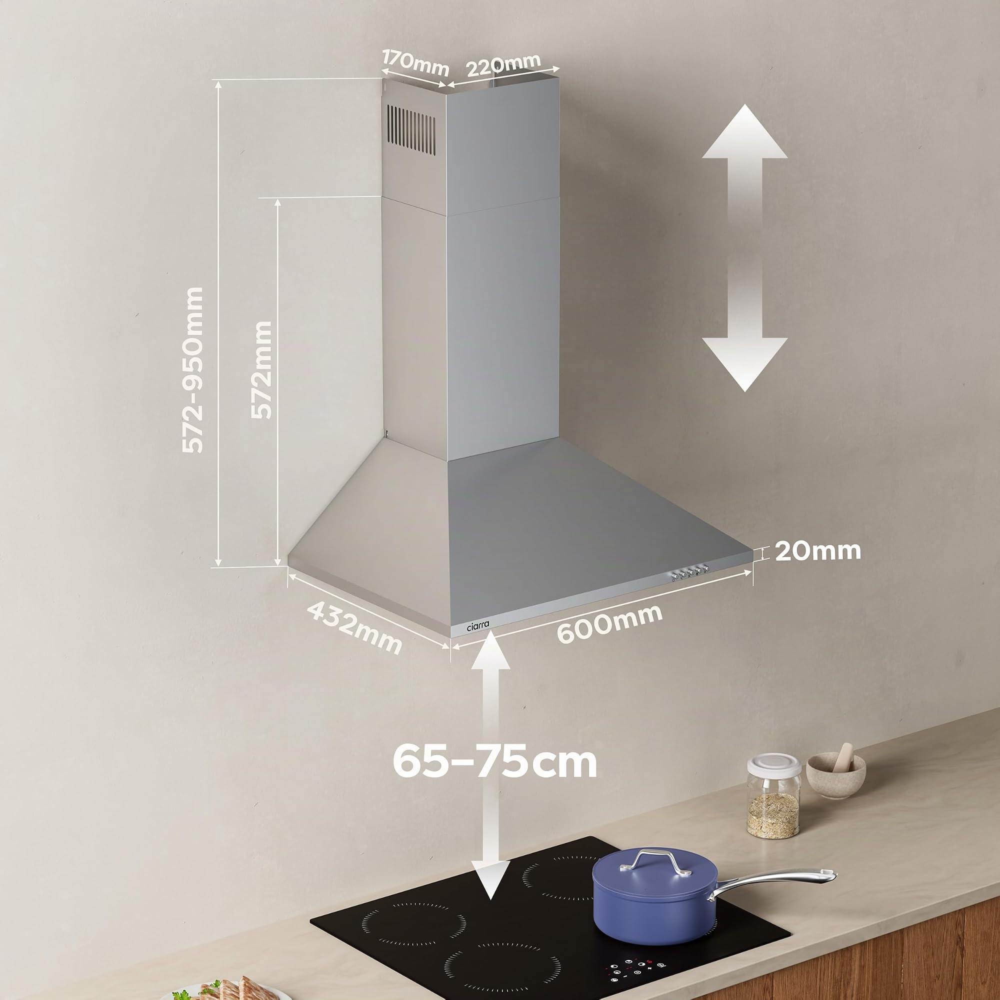 CIARRA Hottes Aspirantes 60cm 370m³/h Class A- Evacuation ou Recyclage -Filtre Charbon NON INCLUS - 3 Niveaux de Vitesse - Hotte Murale - Inox