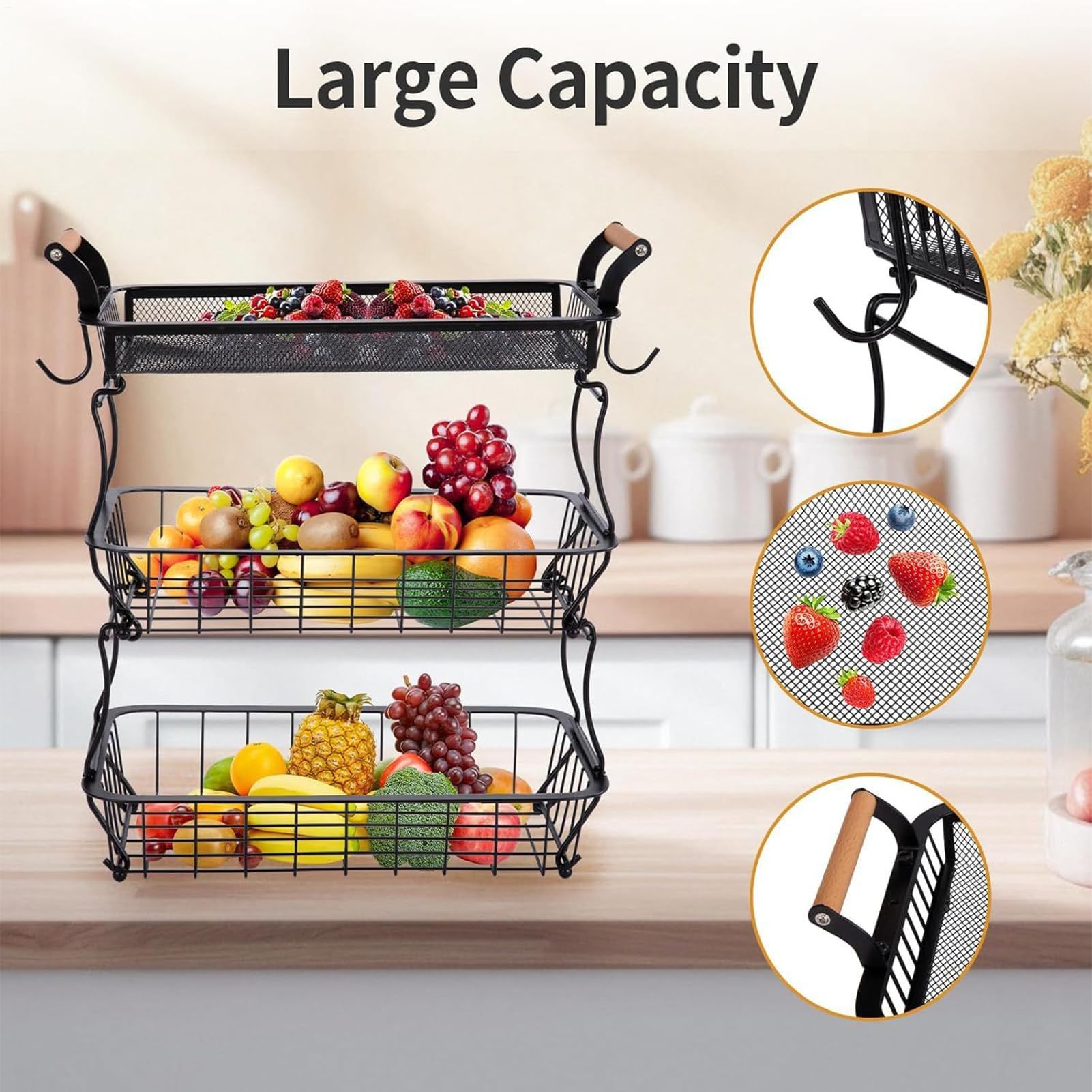Porta Frutta Organizzatore Alimentare a 3 Livelli per Cucina con Ganci per | Ripiano Metallico per Alimenti Verdura Snack Dispensa Casa Appartamento